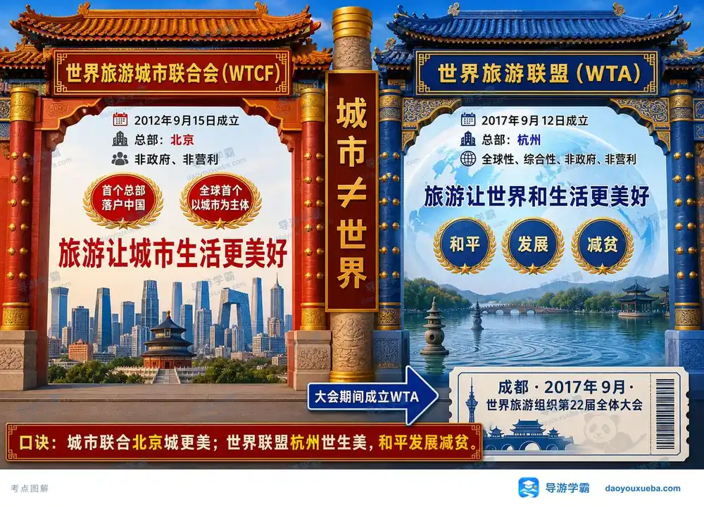 两大国际旅游组织城市与宗旨考点图（导游学霸·科三）