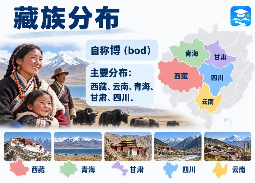 藏族民族自称与五省区地理分布考点图(导游学霸·科三)
