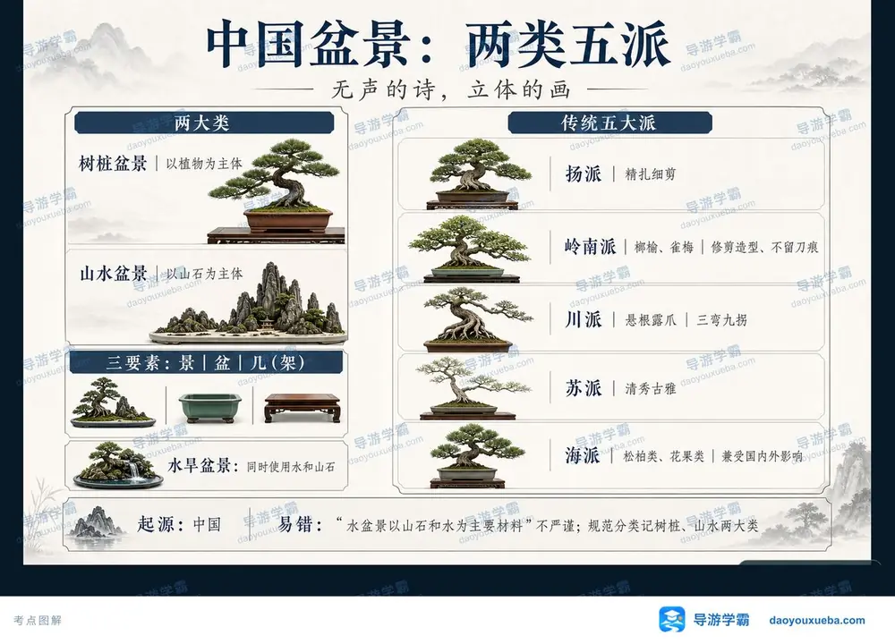 中国盆景两大分类三要素与传统五派考点图（导游学霸·科三）