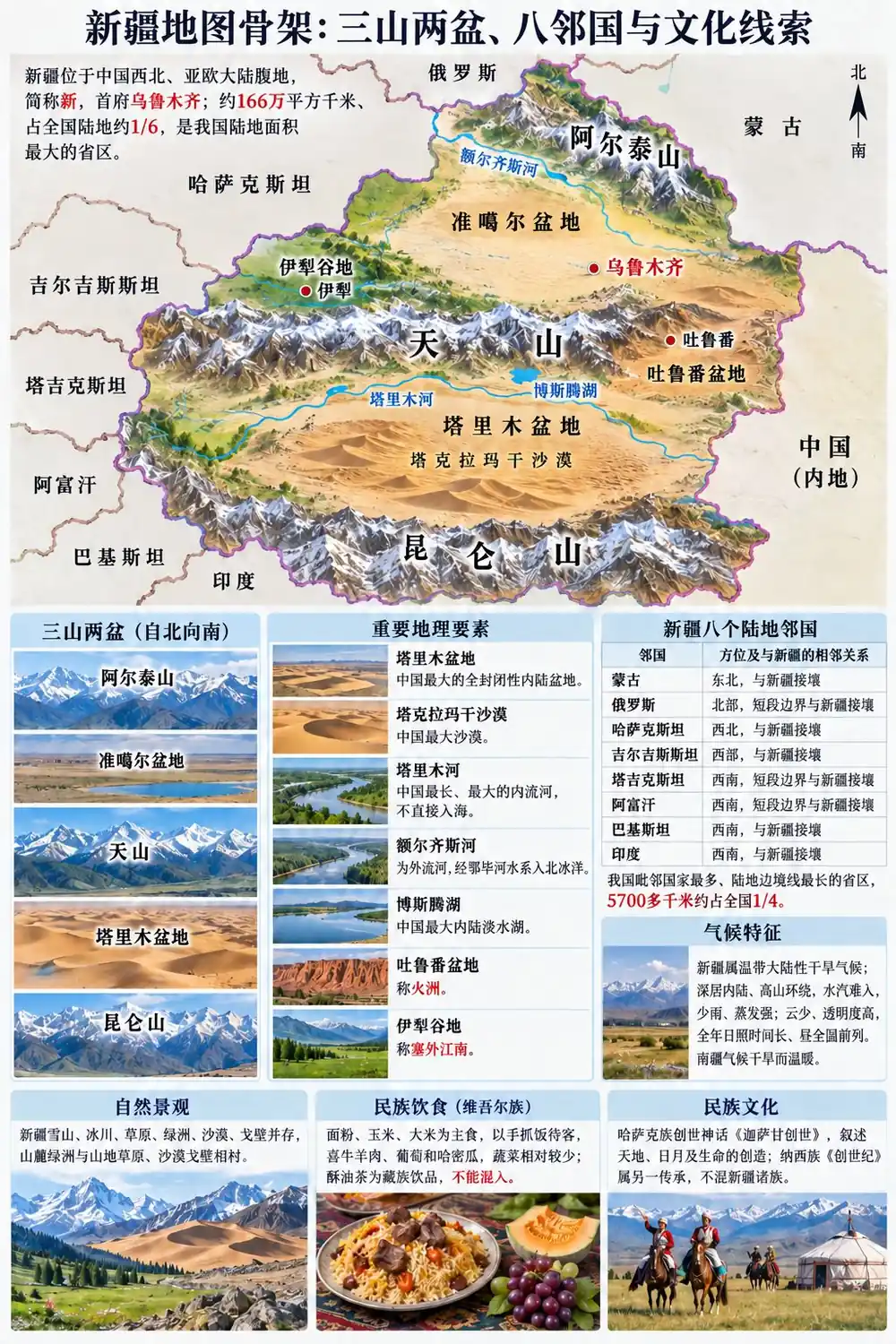 新疆三山两盆与八邻国考点图（导游学霸·科三）
