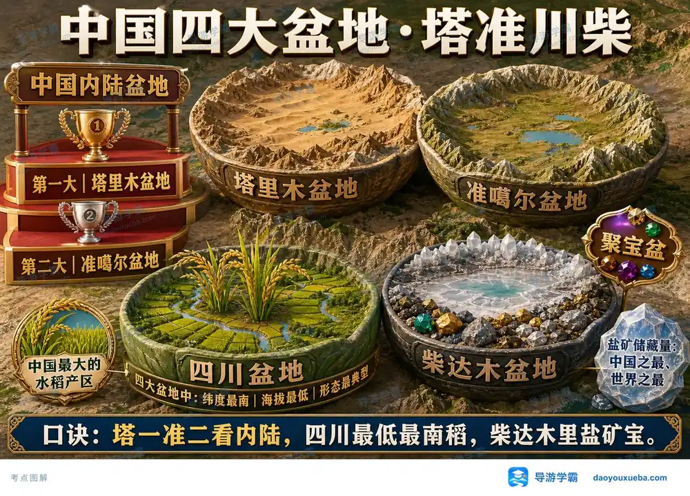 中国四大盆地特征考点图（导游学霸·科三）
