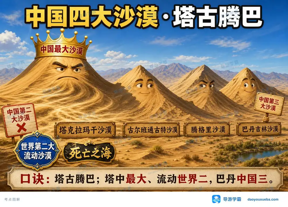 中国四大沙漠排行榜考点图（导游学霸·科三）
