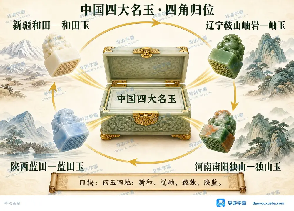 中国四大名玉产地四角考点图（导游学霸·科三）