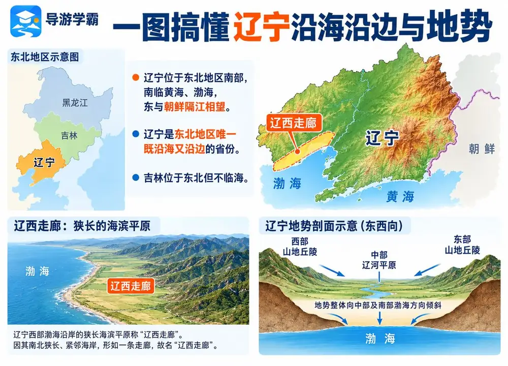 辽宁沿海沿边与地势特征考点图（导游学霸·科三）