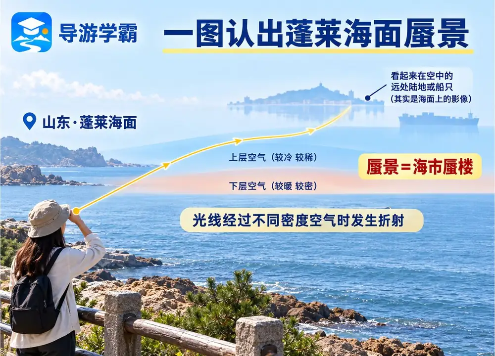 山东蓬莱海面蜃景成因考点图(导游学霸·科三)