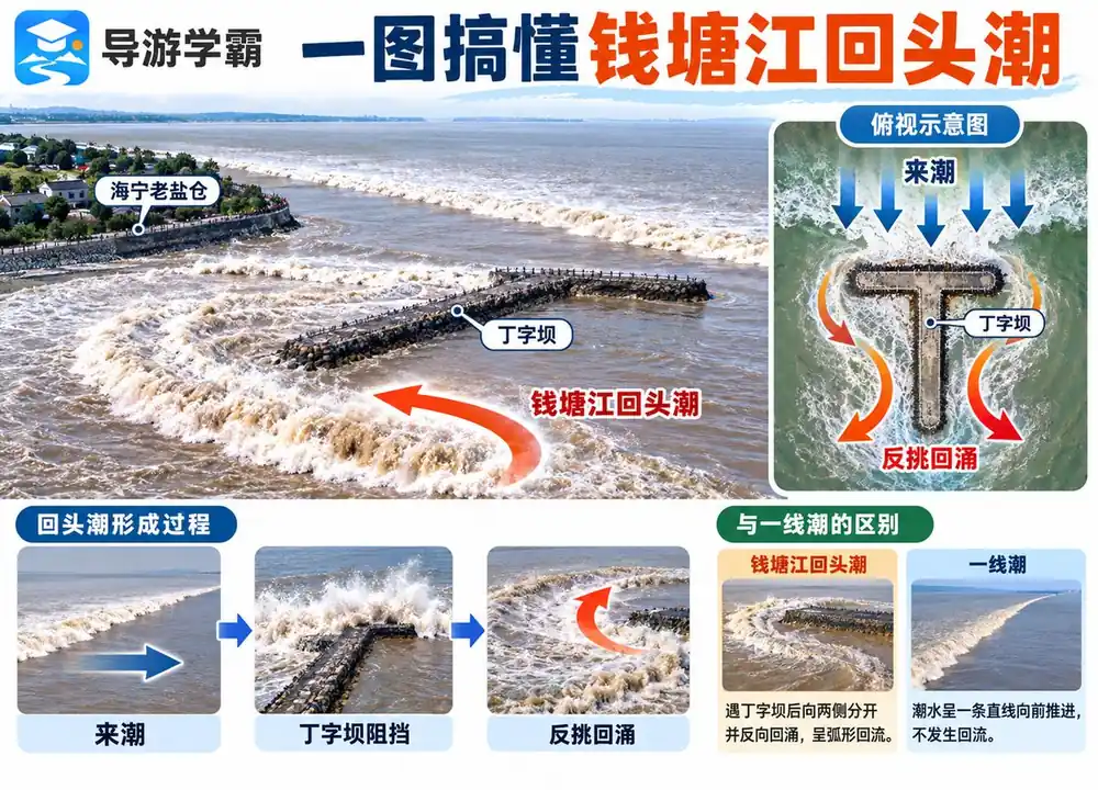 钱塘江回头潮与丁字坝成因考点图（导游学霸·科三）