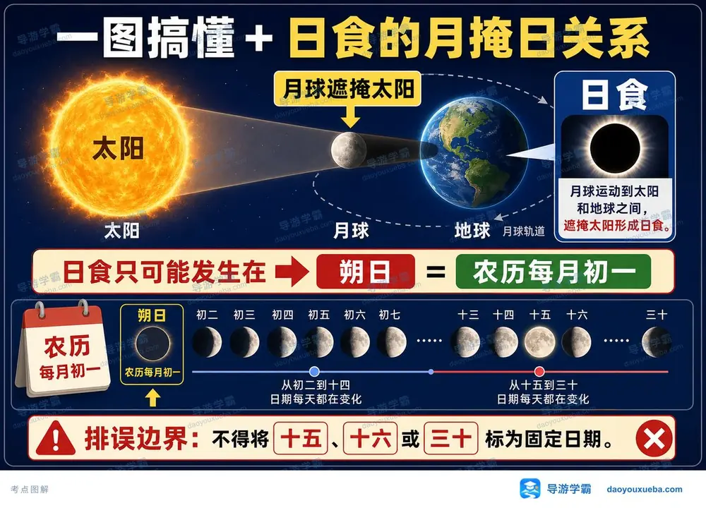 日食天象成因与发生时间考点图（导游学霸·科三）