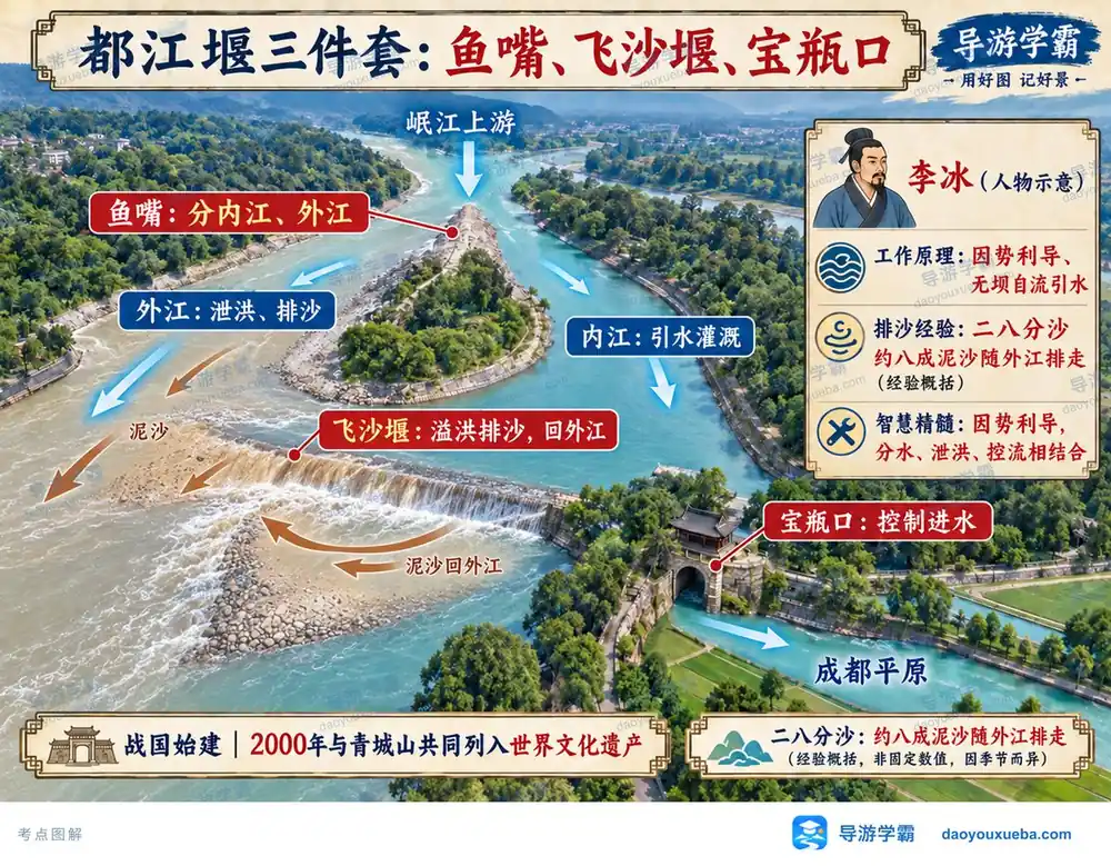 都江堰水利工程三大件与原理考点图（导游学霸·科三）