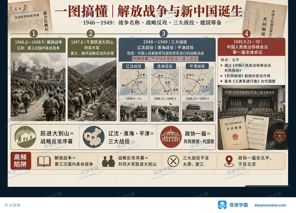 解放战争三大战役与政协一届考点图（导游学霸·科三）