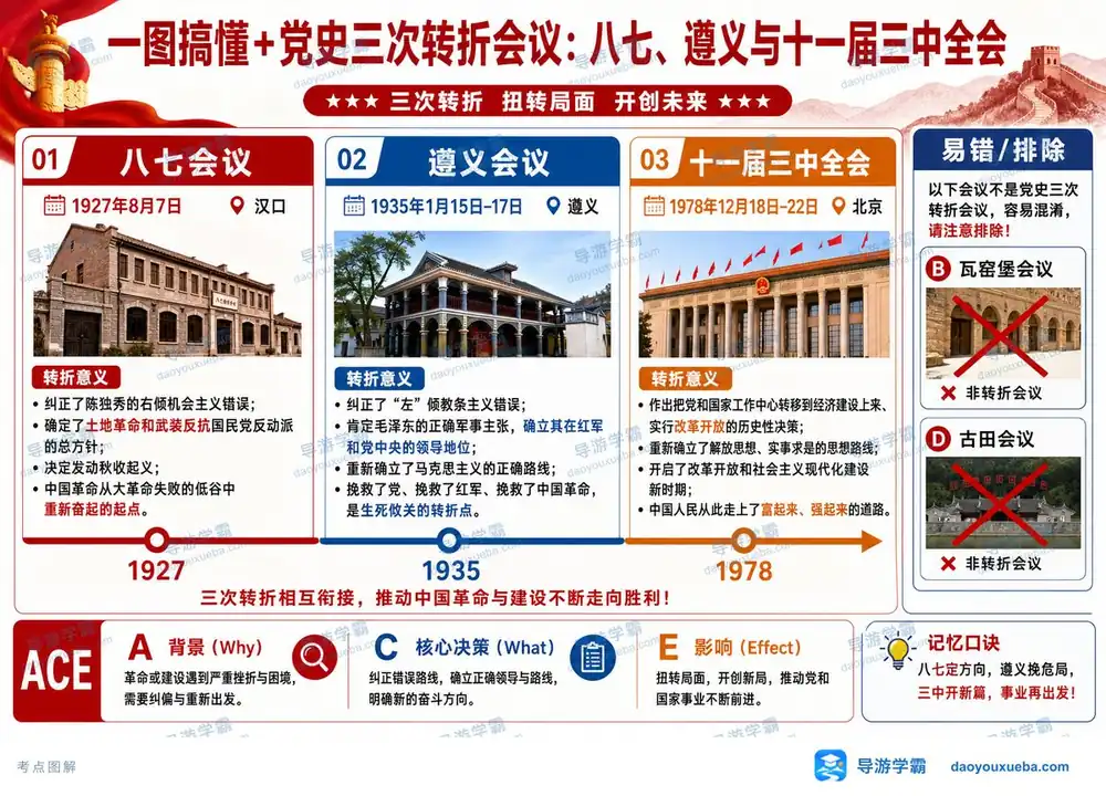 党史三次转折会议考点图(导游学霸·科三)
