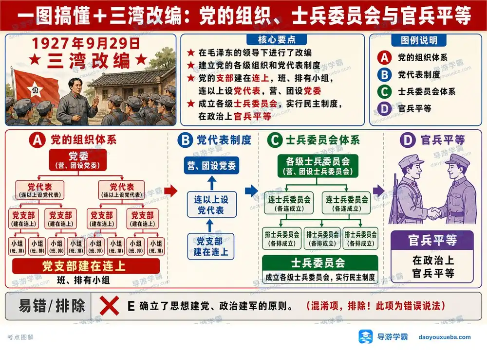 三湾改编三大内容与官兵平等考点图（导游学霸·科三）
