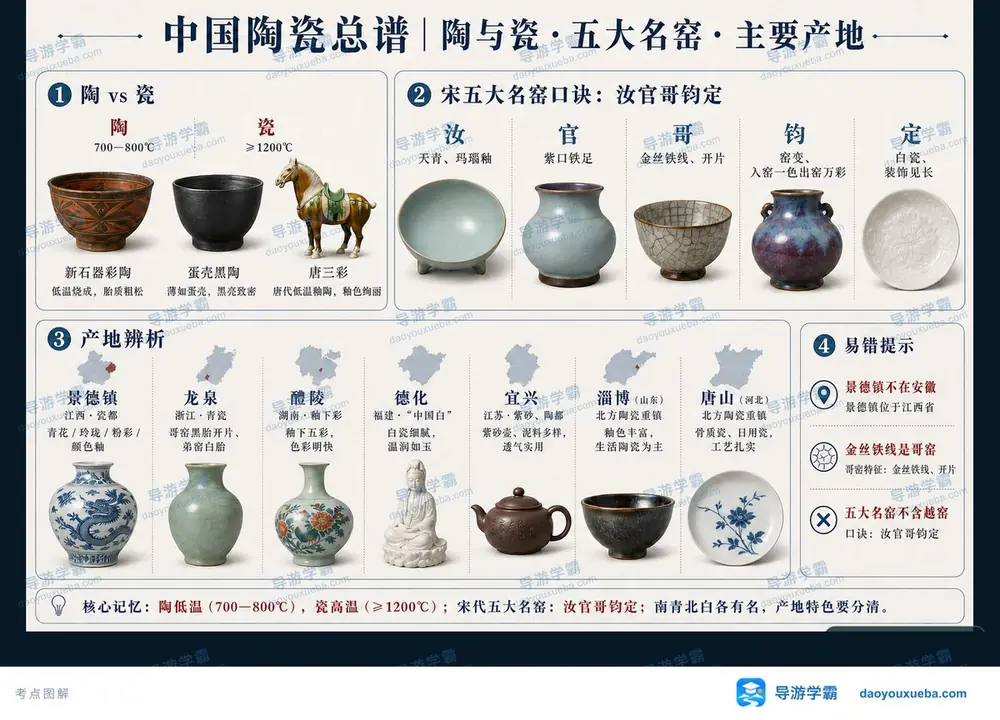 中国陶瓷总谱陶与瓷对比与名窑考点图（导游学霸·科三）