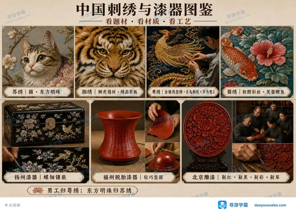四大名绣与中国三大漆器工艺考点图（导游学霸·科三）