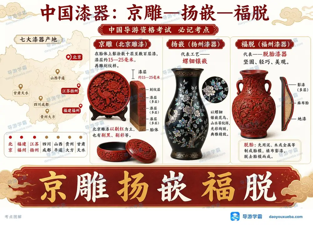 中国三大漆器京雕扬嵌福脱工艺考点图(导游学霸·科三)