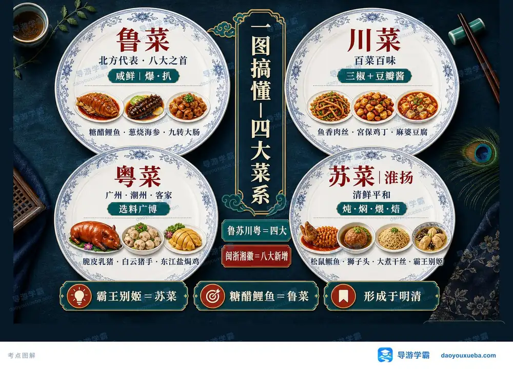 中国四大菜系风味技法与名菜辨析考点图(导游学霸·科三)