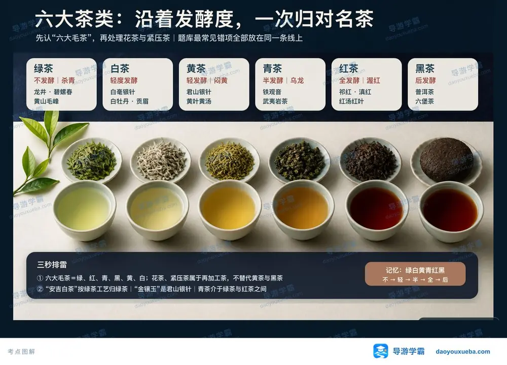 六大茶类发酵度工艺与代表名茶考点图(导游学霸·科三)