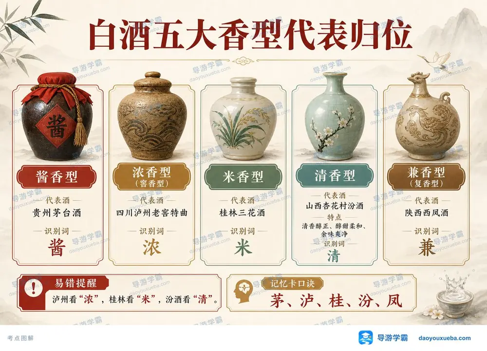 中国白酒五大香型代表酒特征考点图（导游学霸·科三）