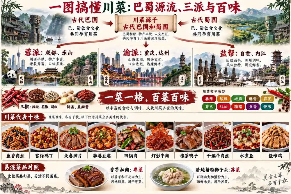 川菜三大流派六城与百菜百味考点图(导游学霸·科三)