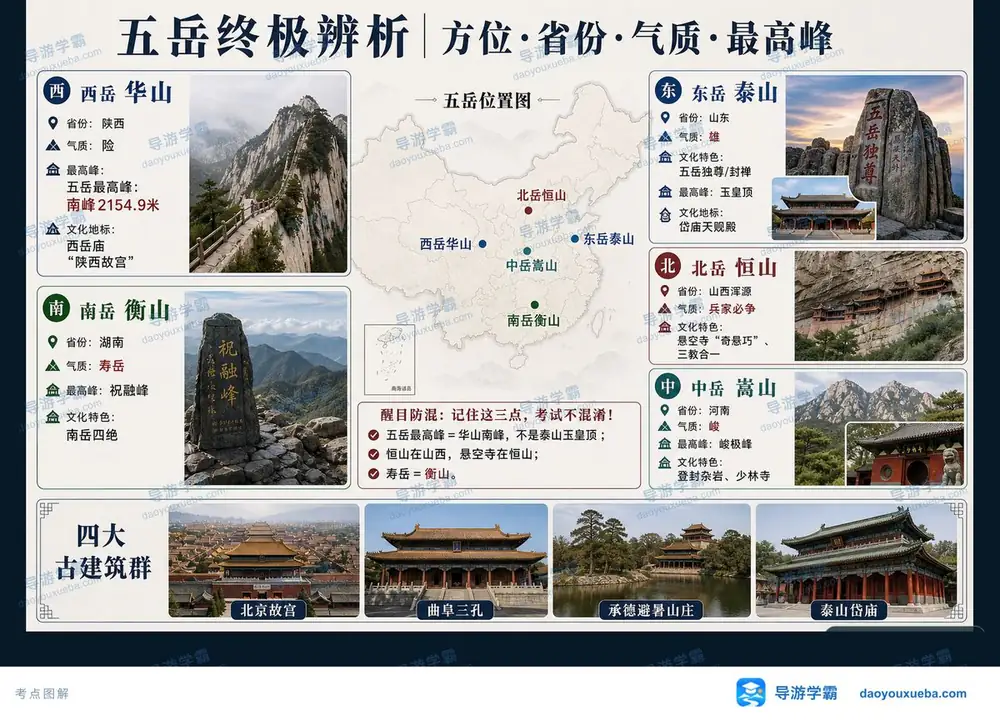 中国五岳名山方位省份气质主峰考点图（导游学霸·科三）