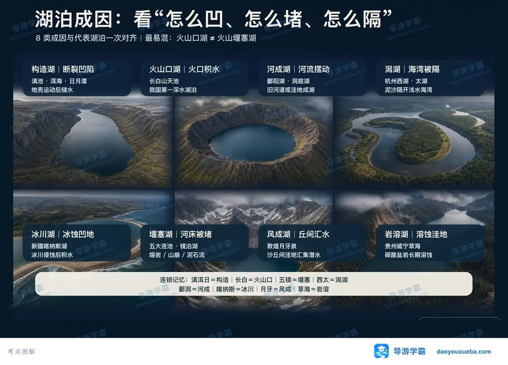 中国湖泊八大成因类型与名湖考点图（导游学霸·科三）