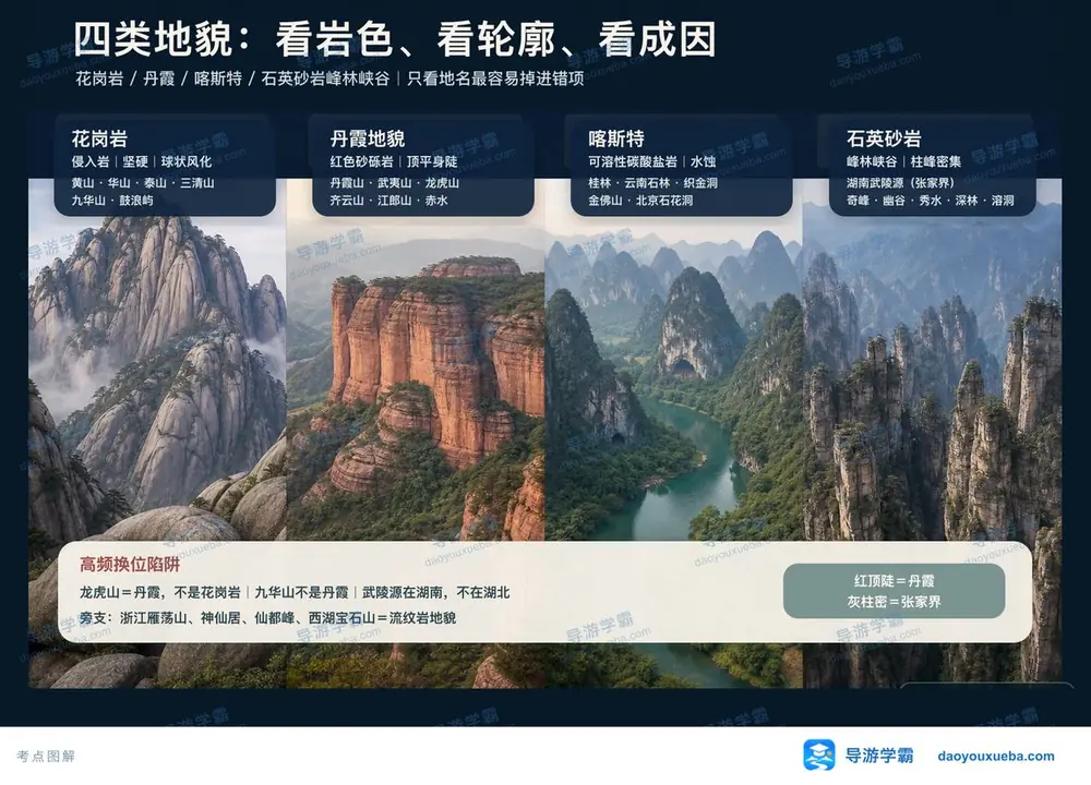 中国四类地貌岩石颜色轮廓成因考点图（导游学霸·科三）