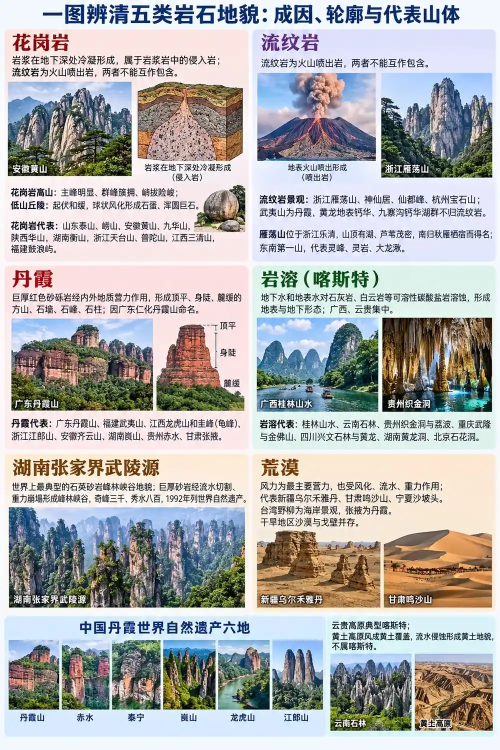 五类岩石地貌辨析考点图(导游学霸·科三)