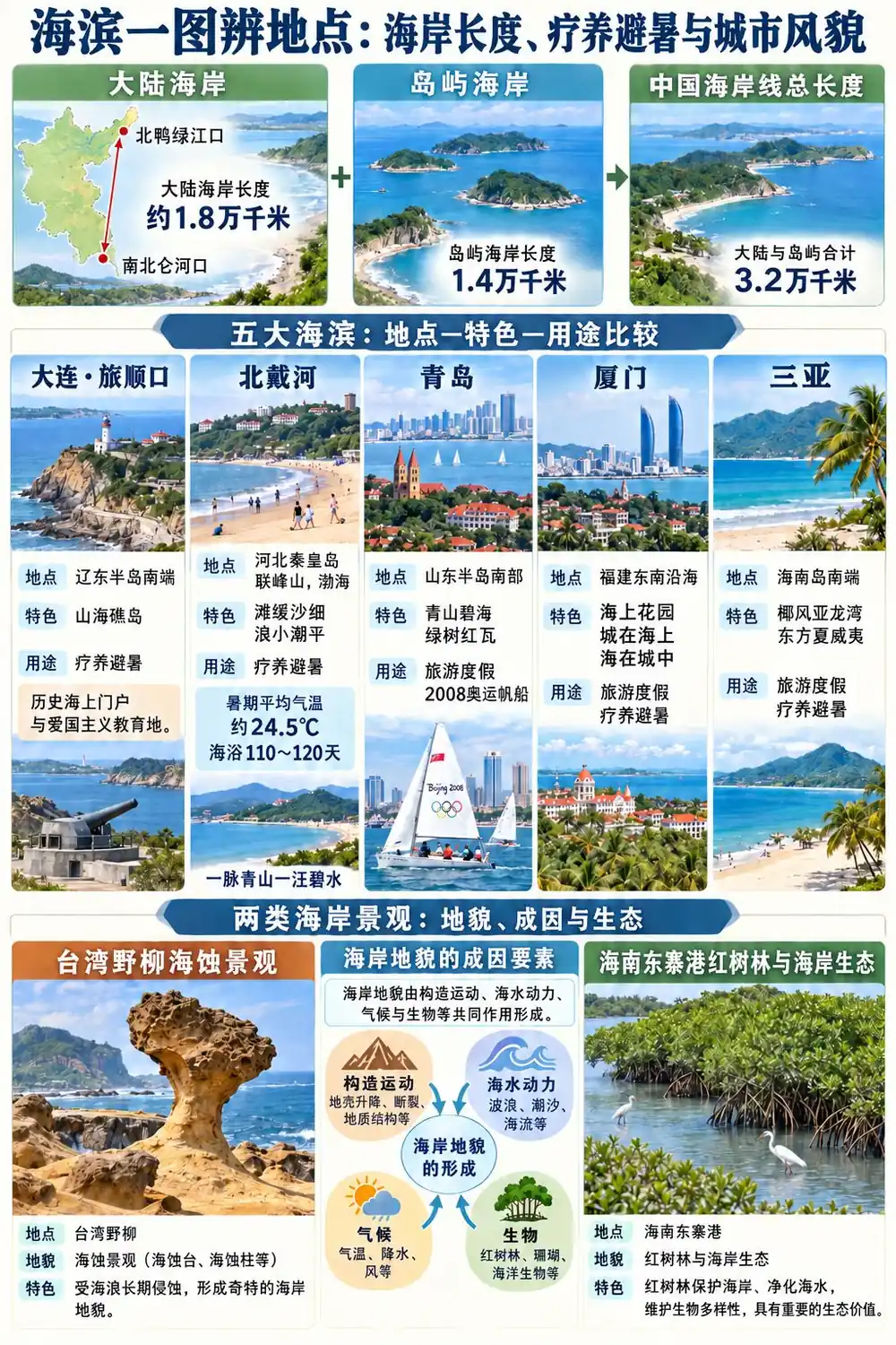中国海岸线与五大海滨考点图(导游学霸·科三)