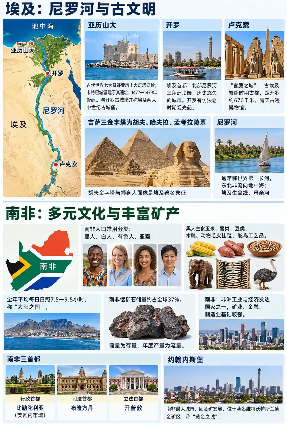 埃及与南非河流城市考点图（导游学霸·科三）
