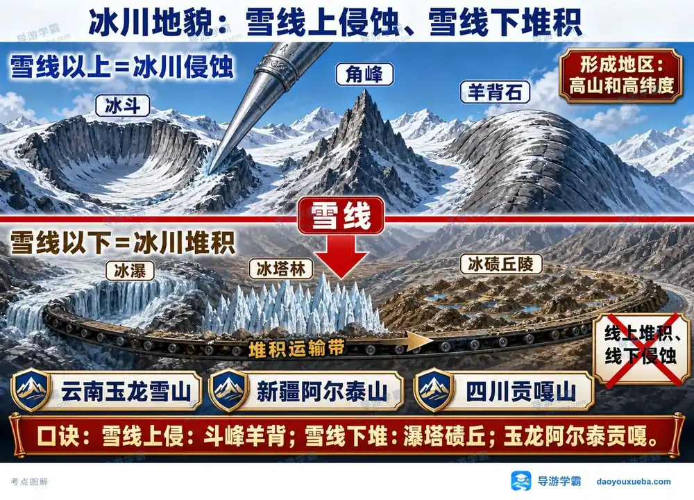 冰川雪线上侵蚀线下堆积考点图（导游学霸·科三）