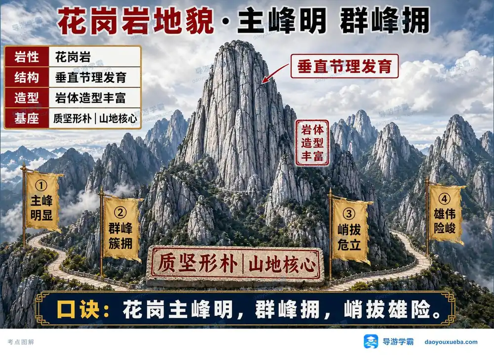 花岗岩地貌主峰明群峰拥考点图（导游学霸·科三）