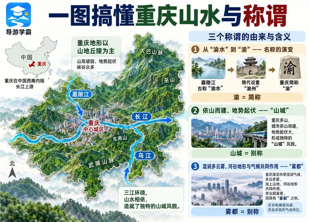 重庆山水格局与三大称谓考点图（导游学霸·科三）
