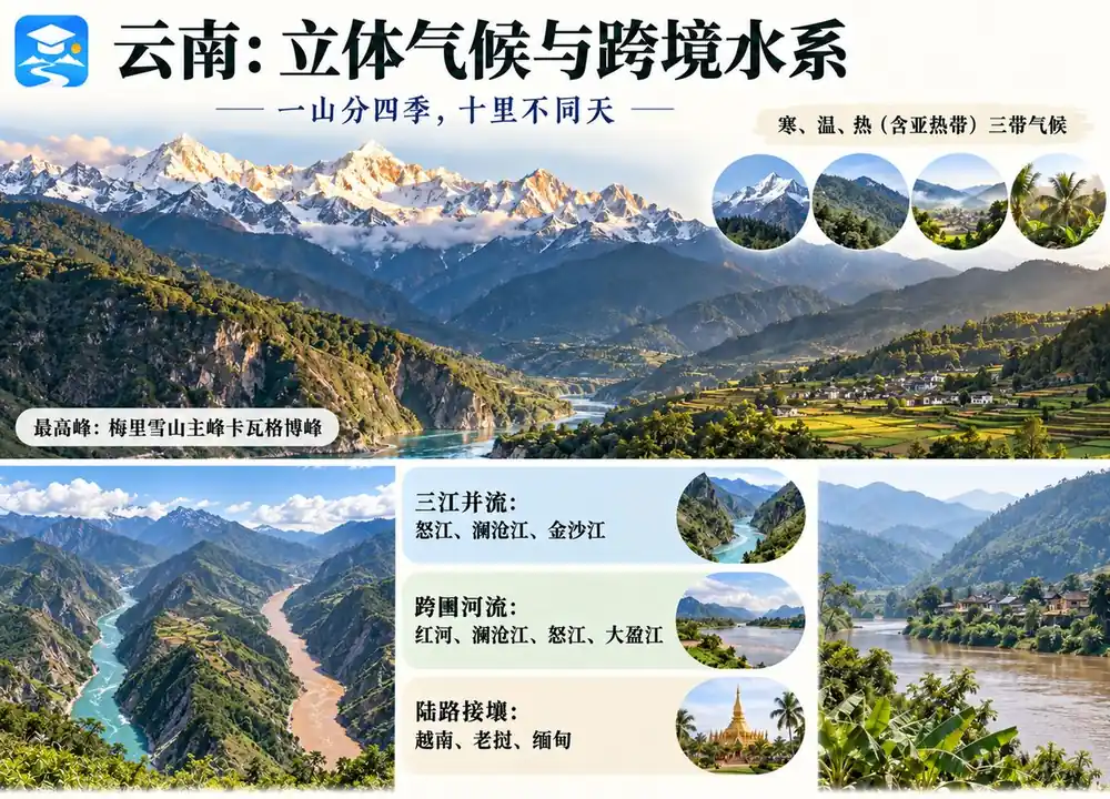 云南立体气候与四大跨境水系考点图(导游学霸·科三)