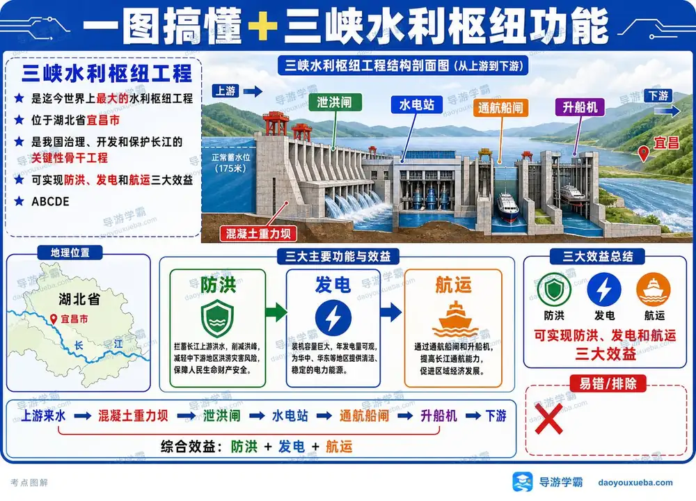 长江三峡水利枢纽三大效益考点图(导游学霸·科三)