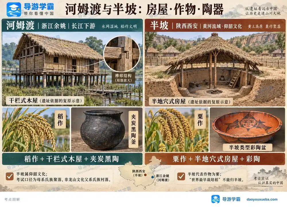 河姆渡与半坡原始聚落对比考点图（导游学霸·科三）