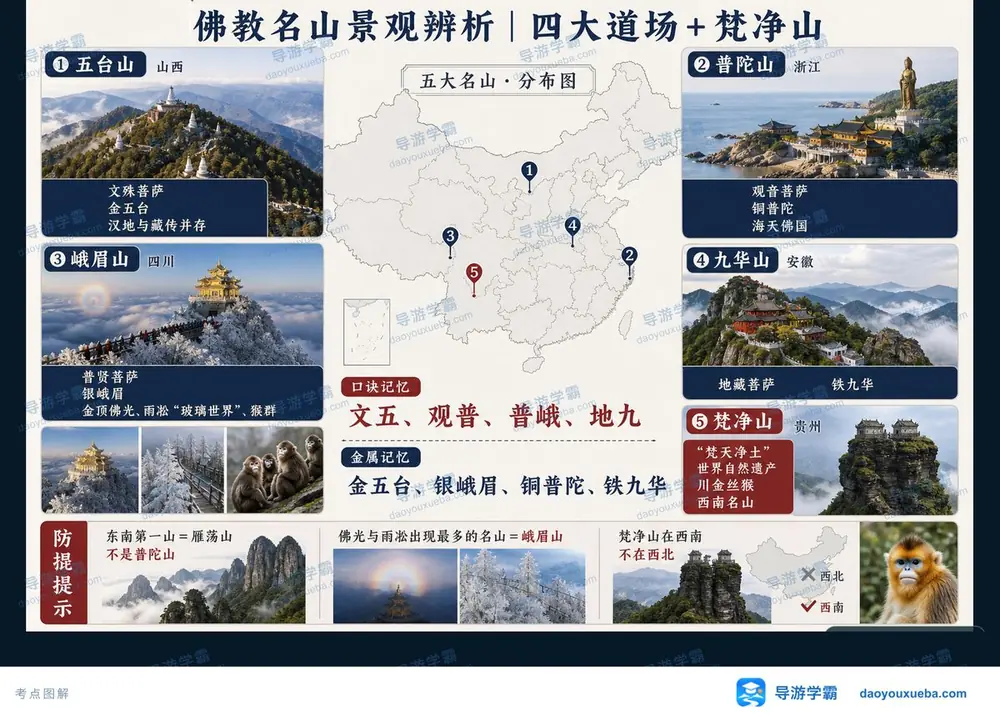 中国佛教名山道场名号与菩萨考点图（导游学霸·科三）