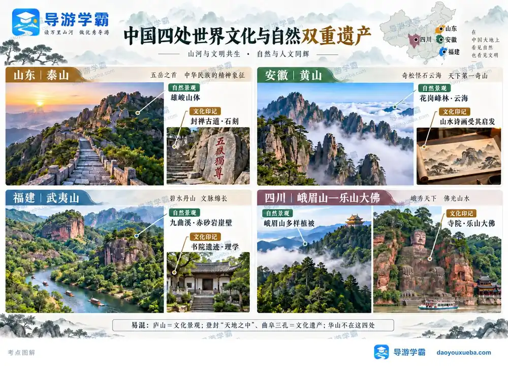 中国四处世界双重遗产考点图（导游学霸·科三）