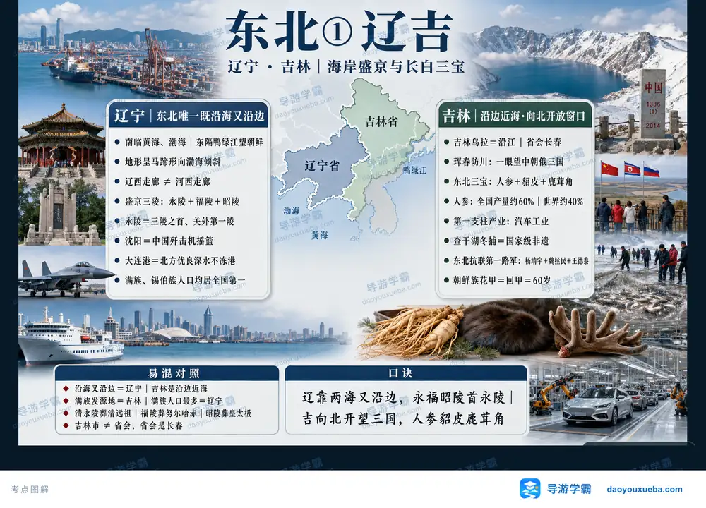 东北辽吉海岸盛京与长白三宝考点图（导游学霸·科四地方导游基础知识）