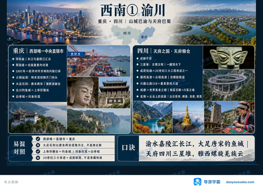 西南渝川山城巴渝天府巴蜀考点图（导游学霸·科四地方导游基础知识）