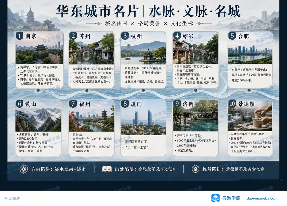 华东十城名片由来美誉与文化坐标考点图(导游学霸·科四地方导游基础知识)