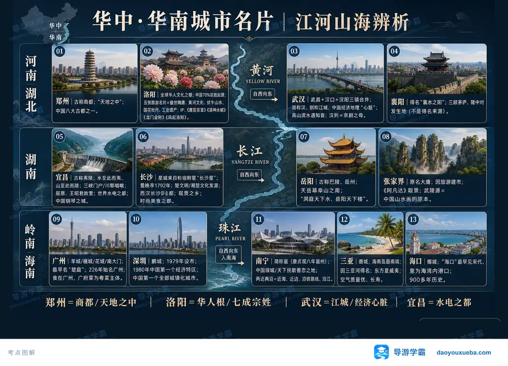 华中华南十三城名片与江河山海考点图(导游学霸·科四地方导游基础知识)