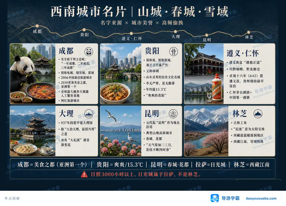 西南名城名片美誉与高频偷换考点图（导游学霸·科四地方导游基础知识）