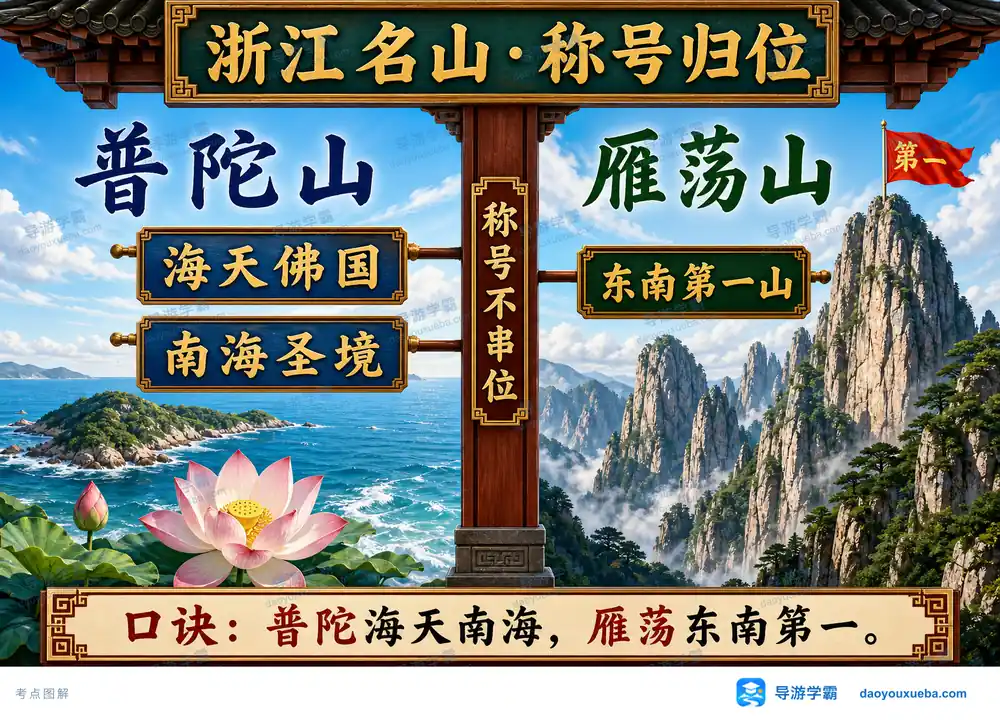 普陀山海天佛国与雁荡山称号考点图（导游学霸·科四地方导游基础知识）
