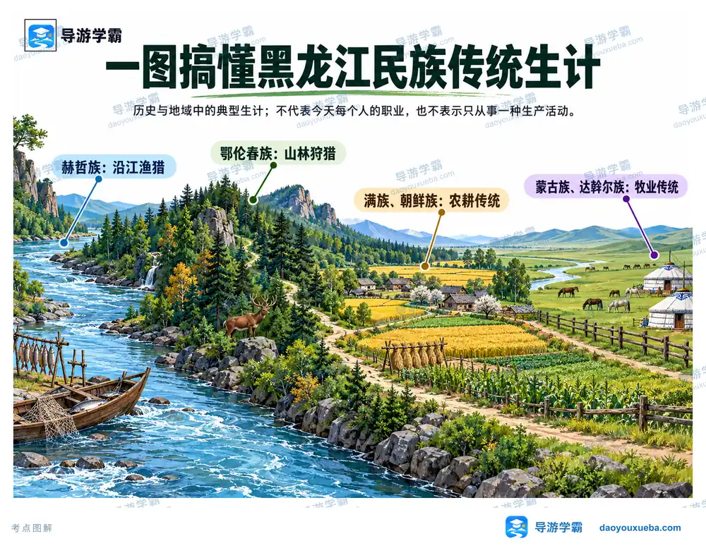 黑龙江少数民族传统生计归位考点图（导游学霸·科四地方导游基础知识）