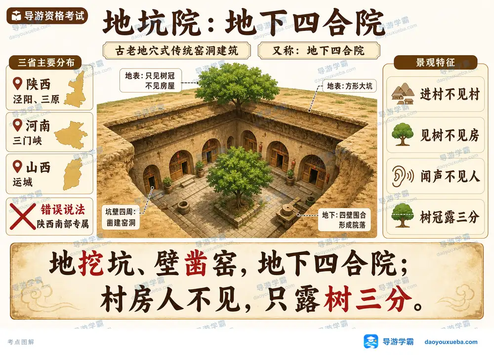 地坑院地下四合院三省分布特征考点图(导游学霸·科四地方导游基础知识)