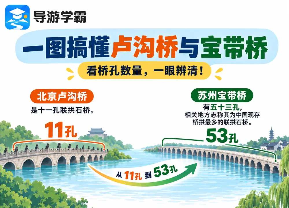 北京卢沟桥十一孔与苏州宝带桥考点图（导游学霸·科四地方导游基础知识）