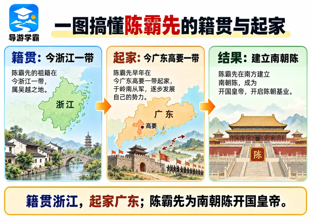 陈霸先籍贯浙江起家广东高要考点图(导游学霸·科四地方导游基础知识)