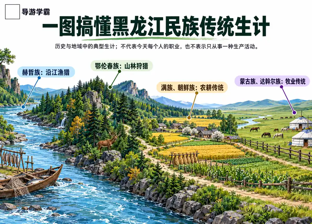 黑龙江鄂伦春赫哲传统生计对应考点图(导游学霸·科四地方导游基础知识)