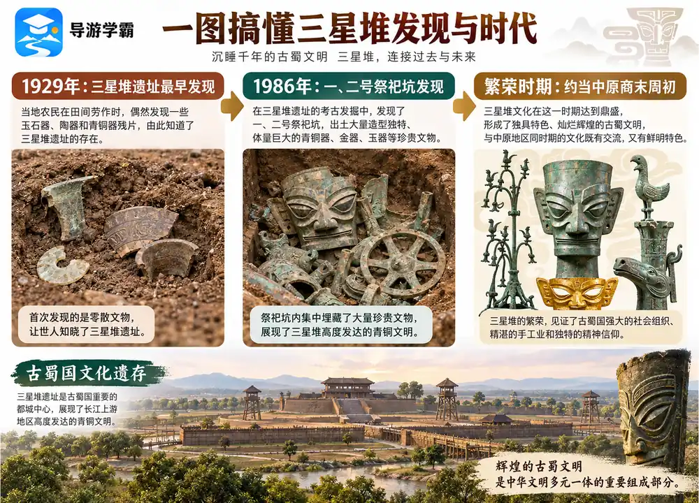 三星堆发现历程与繁荣时代考点图(导游学霸·科四地方导游基础知识)