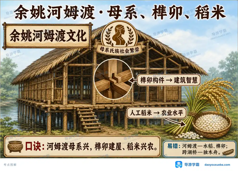 余姚河姆渡母系榫卯稻米考点图（导游学霸·科四地方导游基础知识）