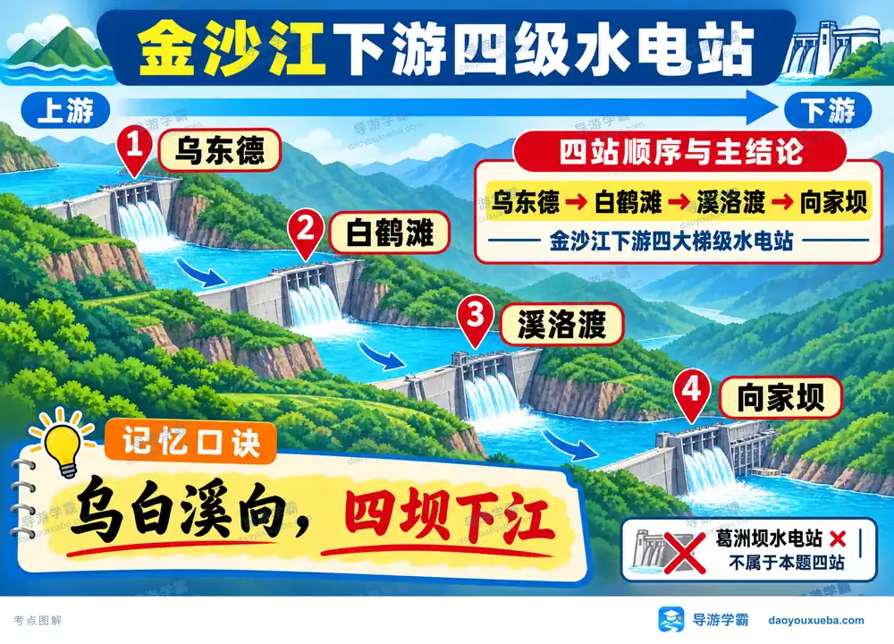 金沙江下游四座巨型水电站排序考点图(导游学霸·科四地方导游基础知识)